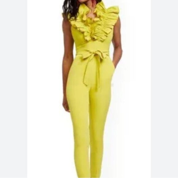New York & Company XL Madie Ruffle Sleeveless Jumpsuit Chartreuse NEW - Picture 2 of 10